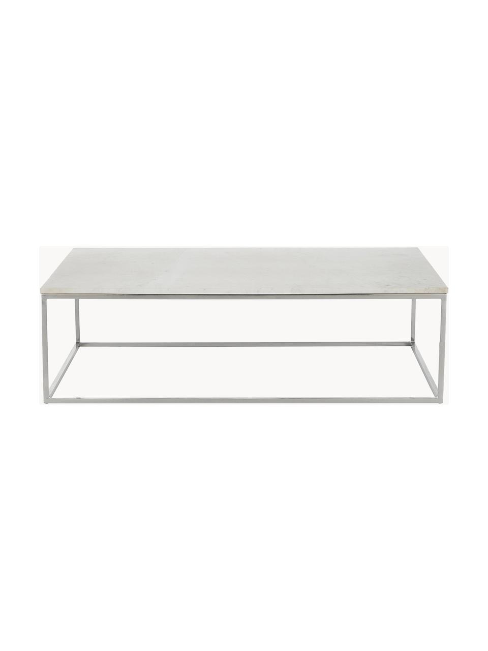 Grote marmeren salontafel Alys, Tafelblad: marmer, Frame: gepoedercoat metaal, Wit, gemarmerd, zilverkleurig, B 120 x H 75 cm