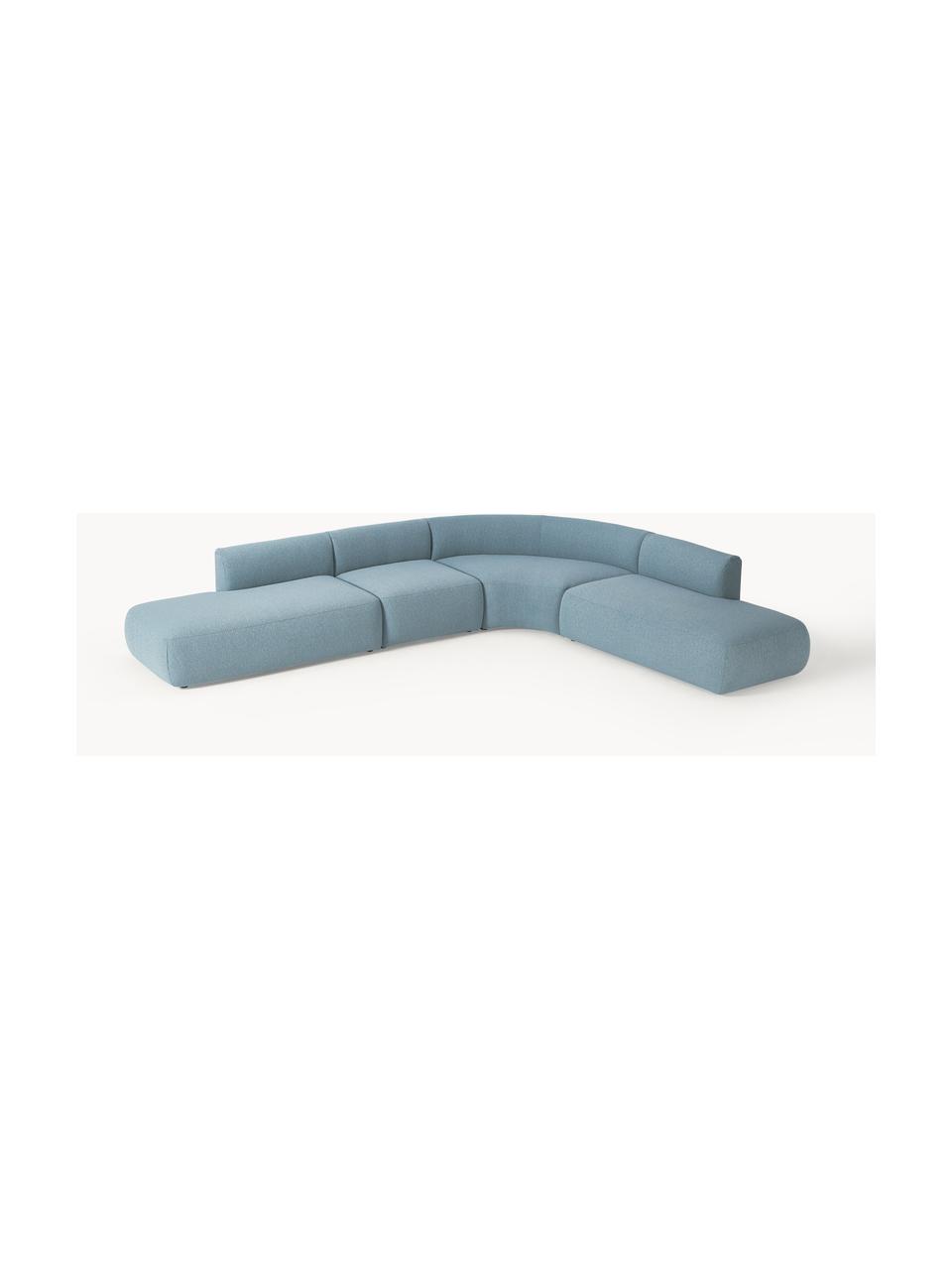 Narożna sofa modułowa bouclé Sofia (4-osobowa), Tapicerka: bouclé (100% poliester) D, Stelaż: drewno świerkowe z certyf, Nogi: tworzywo sztuczne, Niebieski bouclé, S 385 x G 298 cm