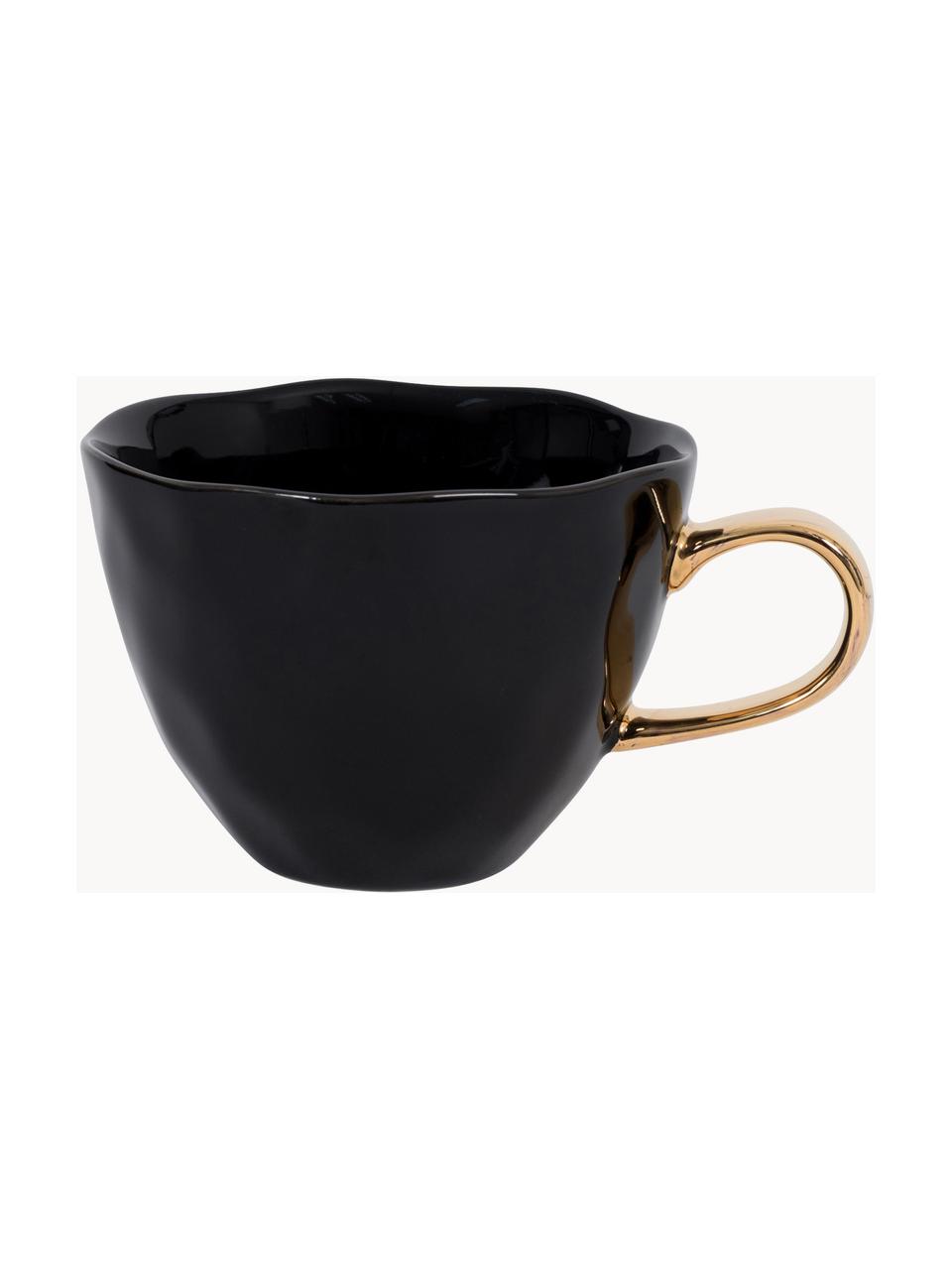 Tasse Good Morning mit goldenem Griff, Steingut, Schwarz, Ø 11 x H 8 cm, 350 ml