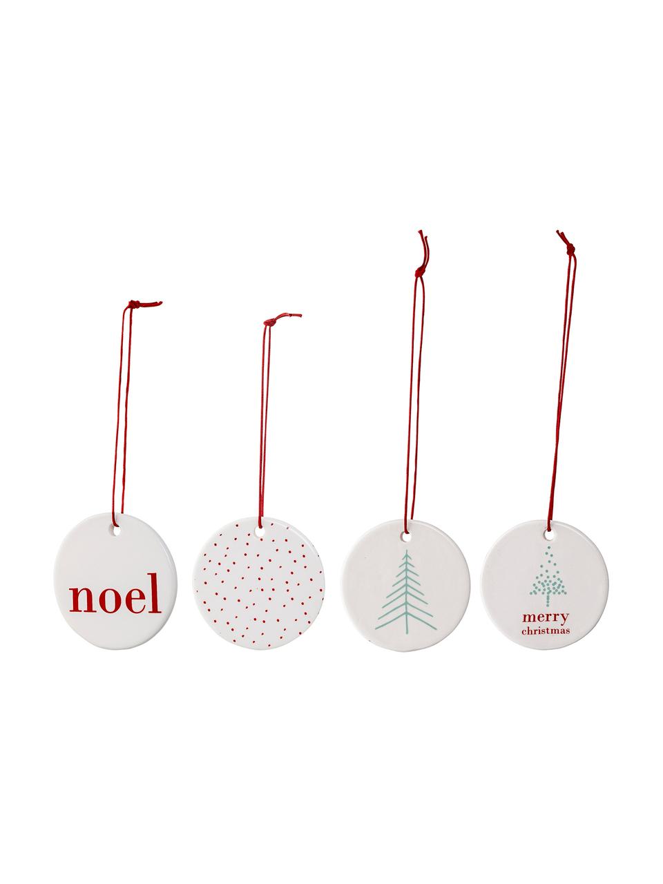 Boomhangersset Christmas Days, 4-delig, Porselein, Wit. Opdruk: rood, mint, Ø 6 cm