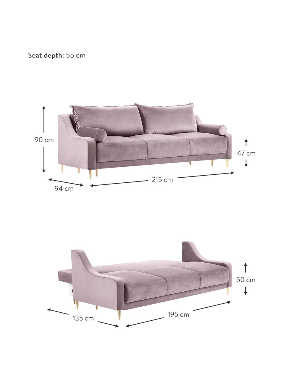 Sofa z aksamitu z funkcją spania i miejscem do przechowywania Lea (3-osobowa), Tapicerka: aksamit poliestrowy Dzięk, Nogi: metal malowany proszkowo, Lawendowy aksamit, odcienie mosiądzu, S 215 x G 94 cm