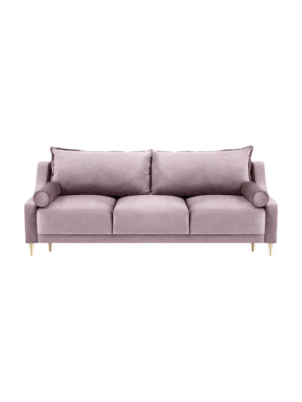 Divano letto 3 posti in velluto lavanda con contenitore Lea, Rivestimento: velluto di poliestere Il , Piedini: metallo verniciato a polv, Velluto color lavanda, ottonato, Larg. 215 x Alt. 94 cm
