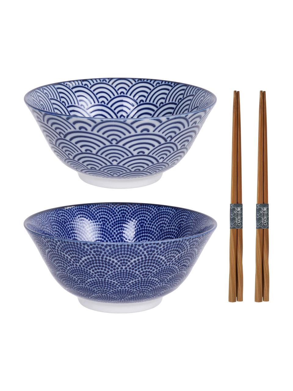 Handgemachte Porzellan-Schälchen Nippon in Blau/Weiss mit Essstäbchen, 4-er Set, Schälchen: Porzellan, Blau, Dunkles Holz, Set mit verschiedenen Grössen
