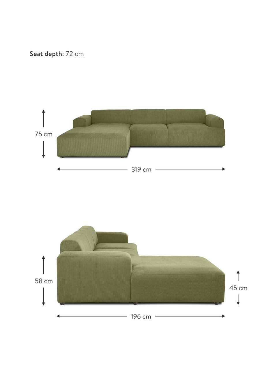 Corduroy hoekbank Melva (4-zits), Bekleding: corduroy (92% polyester, , Frame: massief grenenhout, FSC-g, Poten: kunststof, Corduroy groen, B 319 x D 196 cm, hoekdeel rechts