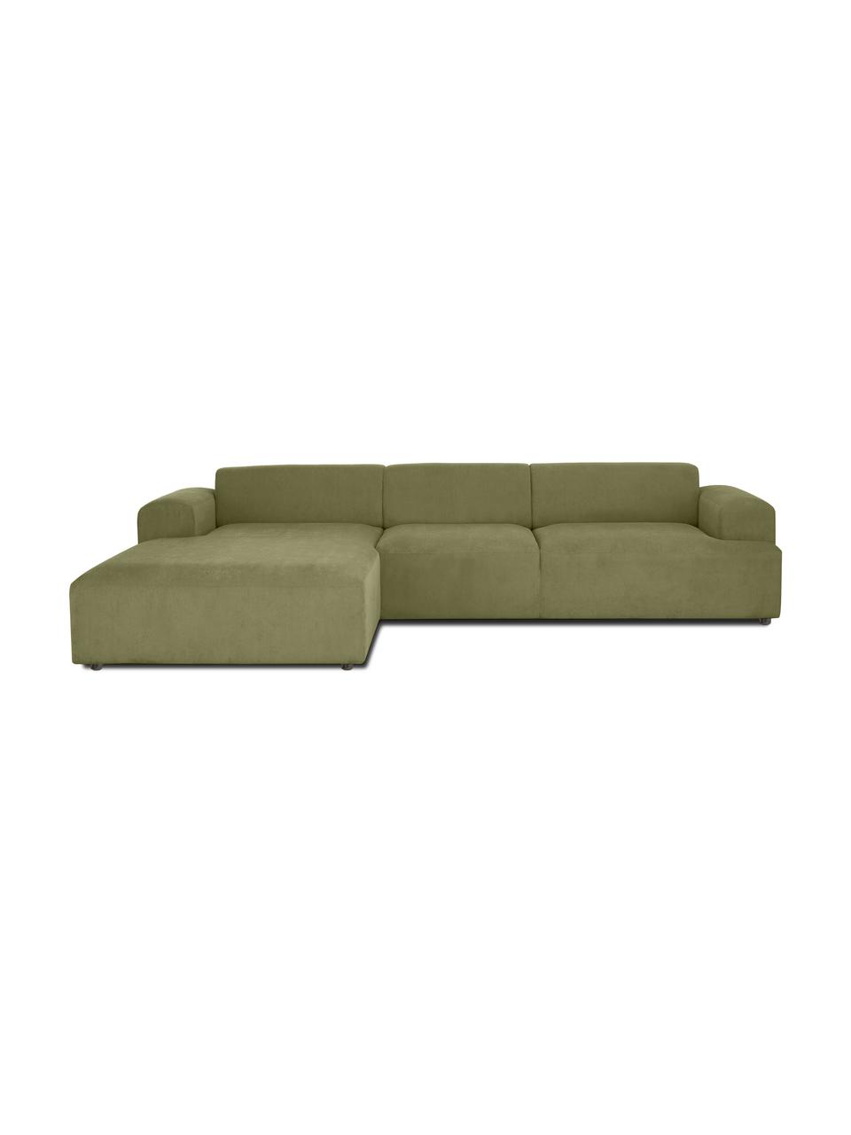 Sofa narożna ze sztruksu Melva (4-osobowa), Tapicerka: sztruks (92% poliester, 8, Stelaż: lite drewno sosnowe, cert, Nogi: tworzywo sztuczne, Zielony sztruks, S 319 x G 196 cm, lewostronna