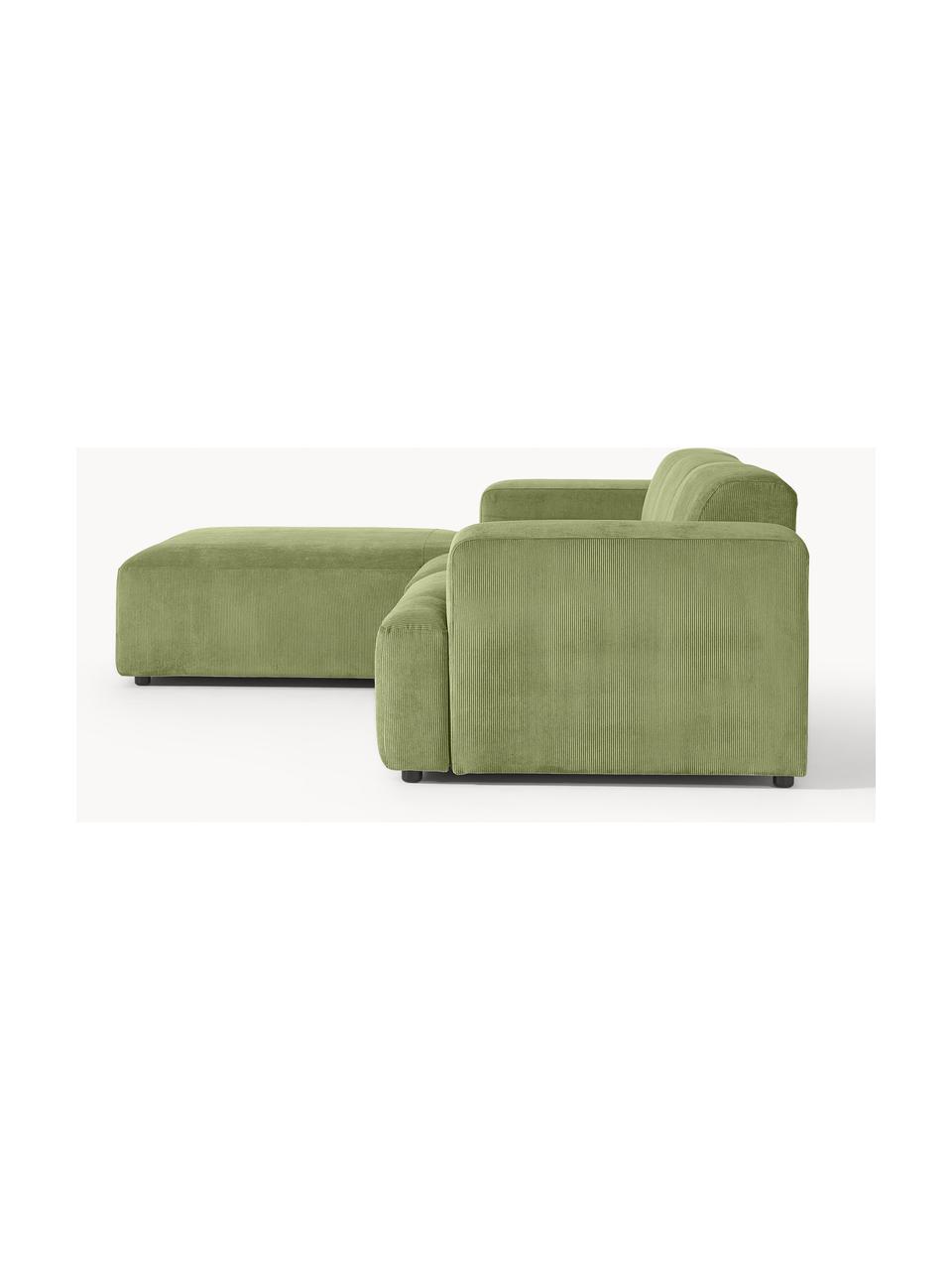 Corduroy hoekbank Melva (4-zits), Bekleding: corduroy (92% polyester, , Frame: massief grenenhout, FSC-g, Poten: kunststof, Corduroy olijfgroen, B 319 x D 195 cm, hoekdeel links