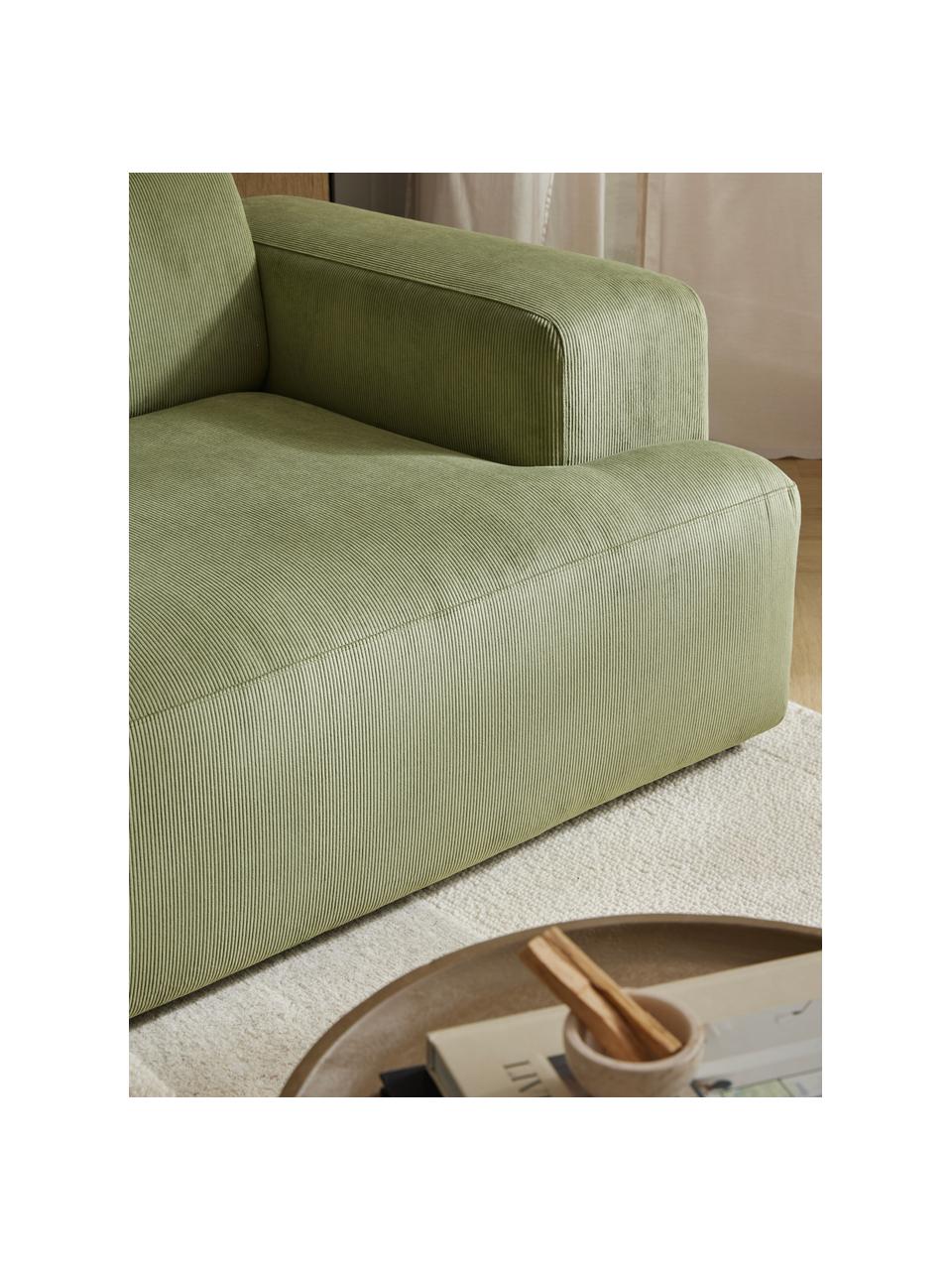 Canapé d'angle 4 places en velours côtelé Melva, Velours côtelé vert olive, larg. 319 x prof. 195 cm, méridienne à gauche