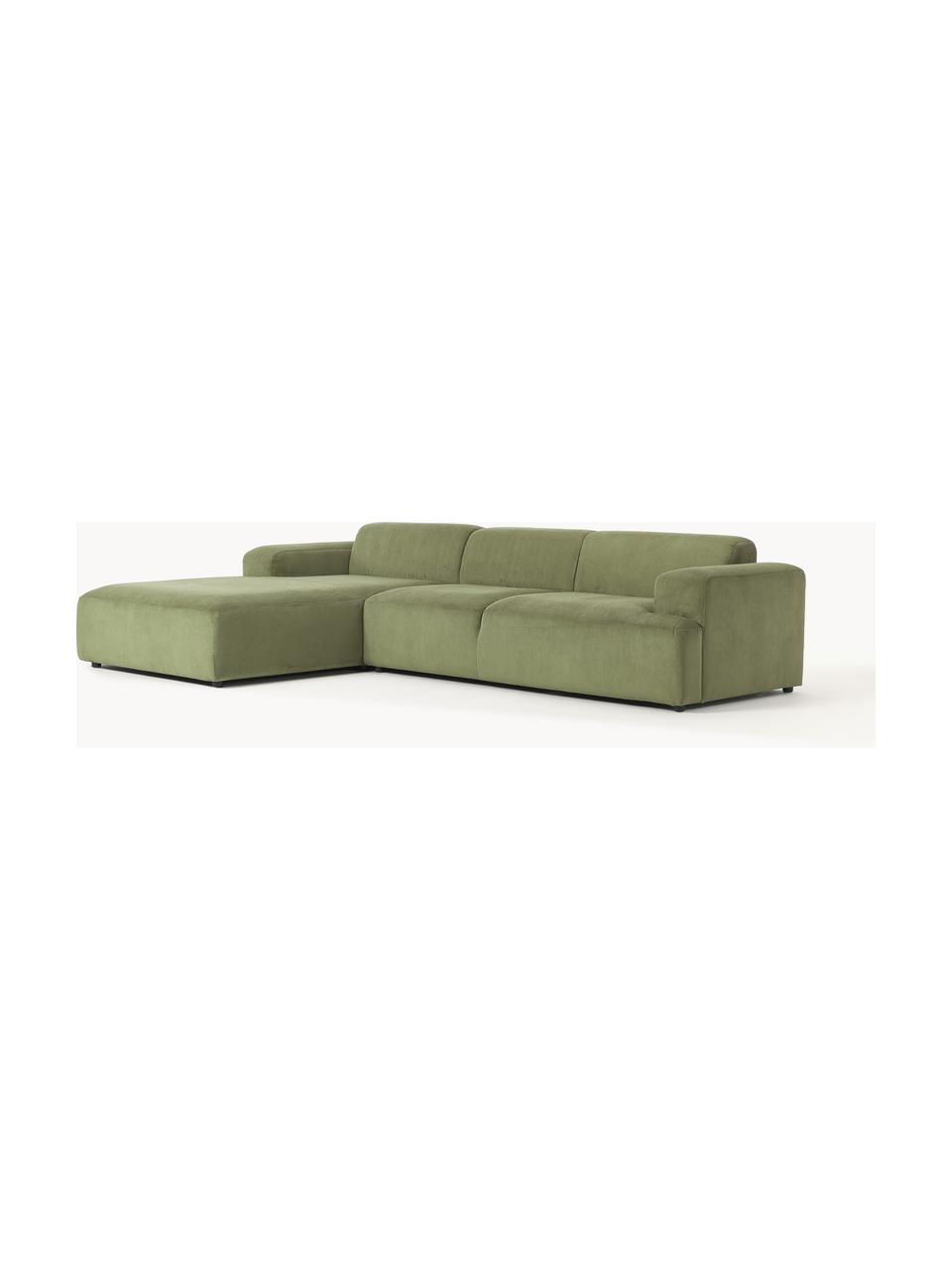 Cord-Ecksofa Melva (4-Sitzer), Bezug: Cord (92% Polyester, 8% P, Gestell: Massives Kiefernholz, Spa, Füße: Kunststoff Dieses Produkt, Cord Olivgrün, B 319 x T 195 cm, Eckteil links