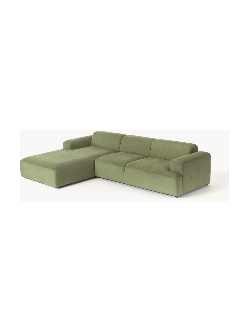 Cord-Ecksofa Melva (4-Sitzer), Bezug: Cord (92% Polyester, 8% P, Gestell: Massives Kiefernholz, Spa, Füße: Kunststoff Dieses Produkt, Cord Olivgrün, B 319 x T 195 cm, Eckteil links