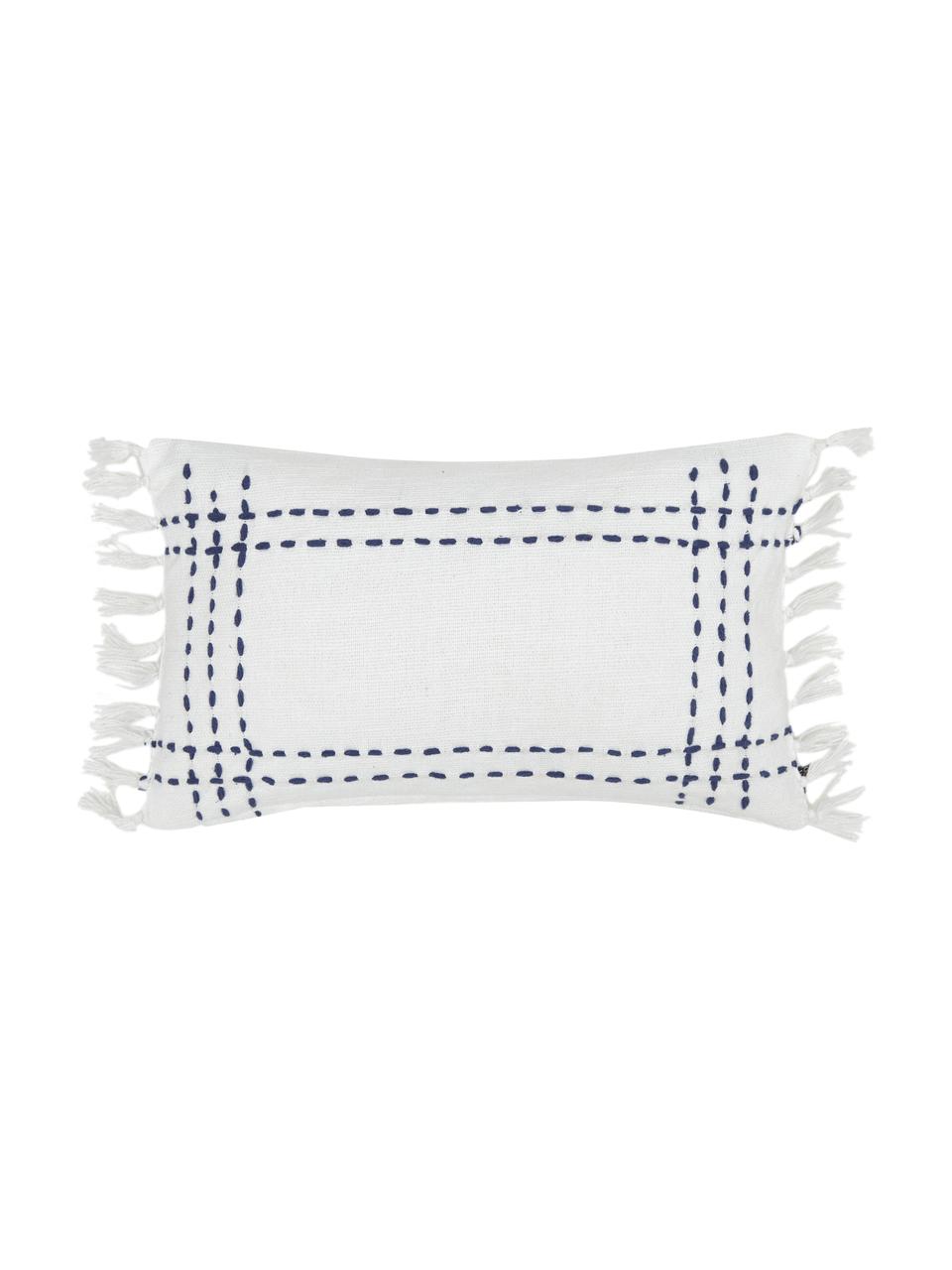 Geborduurde katoenen kussenhoes Finca met franjes, 100% katoen, Wit, blauw, B 30 x L 50 cm