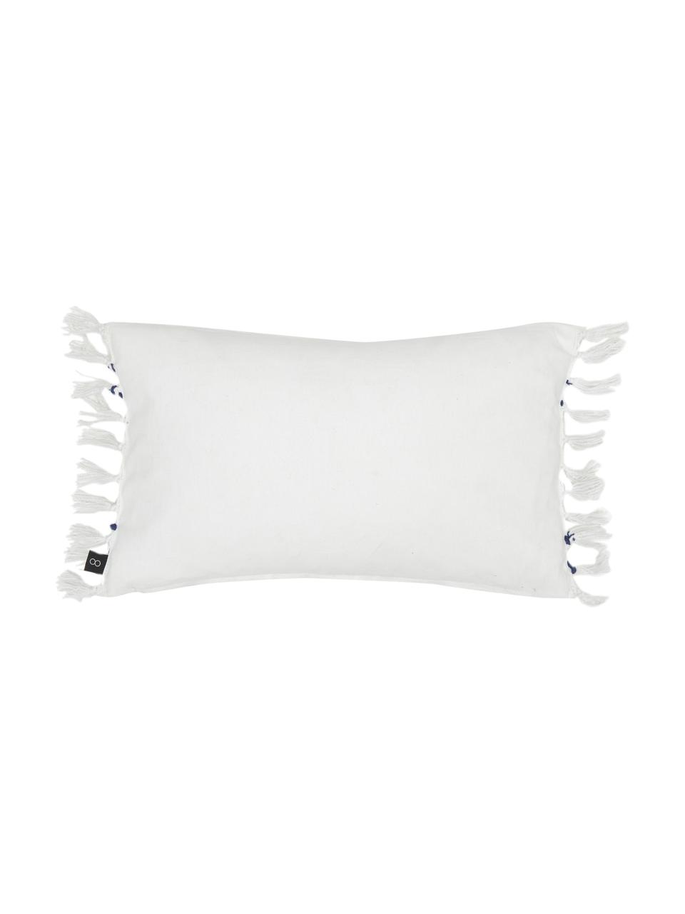 Poszewka na poduszkę z bawełny z frędzlami Finca, 100% bawełna, Biały, niebieski, S 30 x D 50 cm
