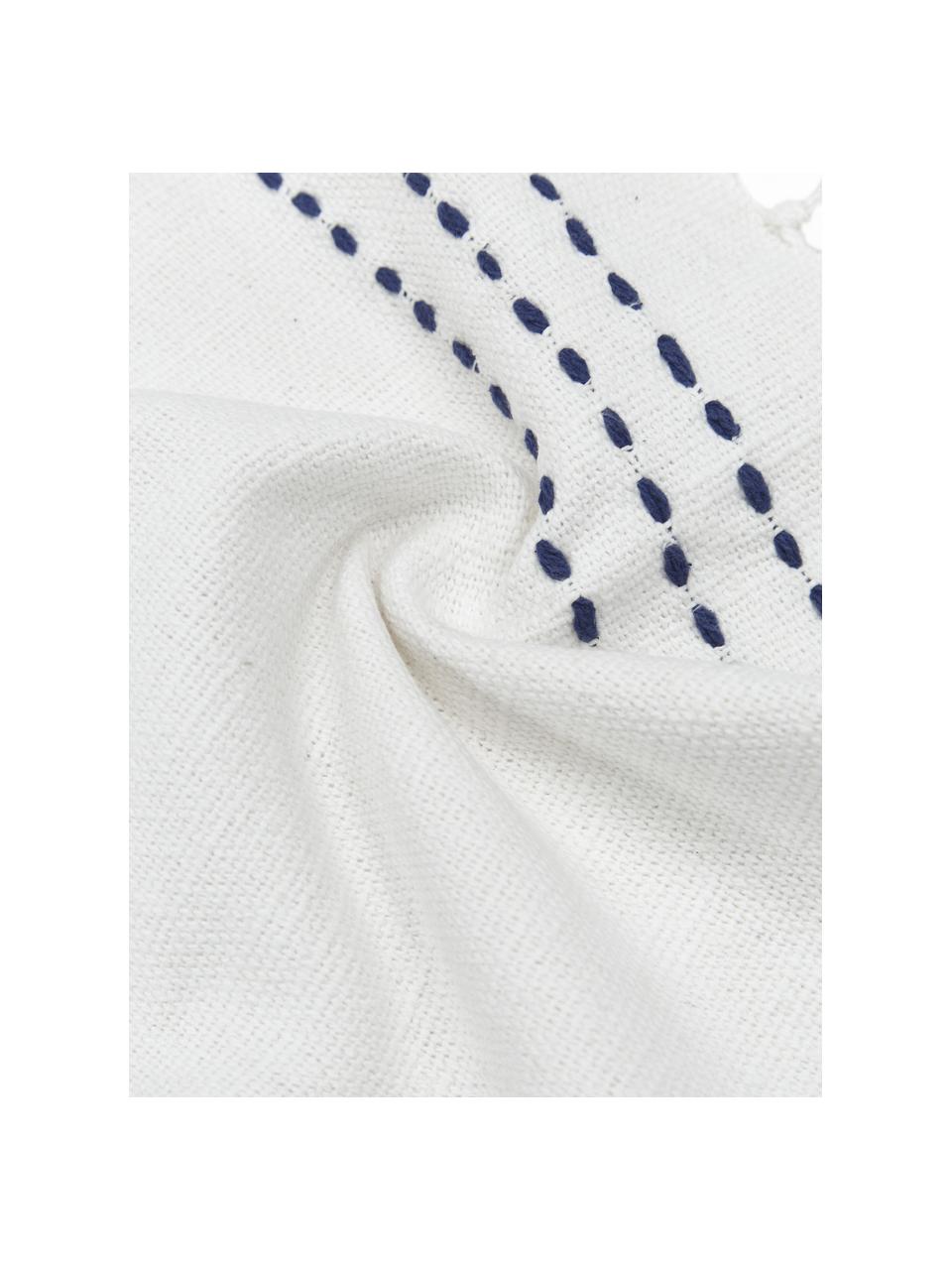 Bestickte Baumwoll-Kissenhülle Finca mit Fransen, 100% Baumwolle, Weiß, Blau, B 30 x L 50 cm
