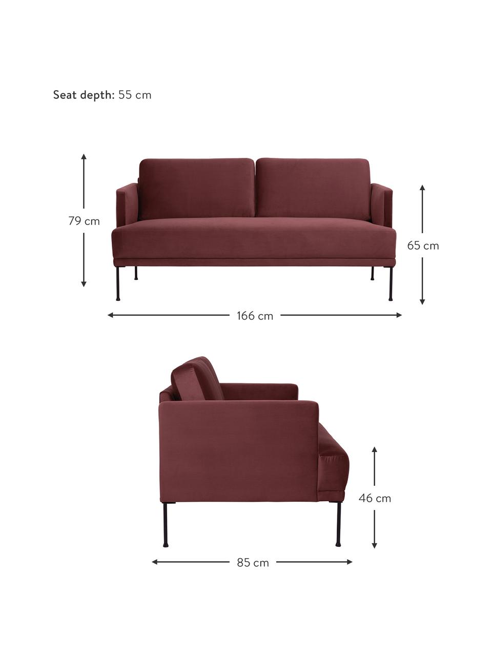 Fluwelen bank Fluente (2-zits) in roodbruin met metalen poten, Bekleding: fluweel (hoogwaardig poly, Frame: massief grenenhout, Poten: gepoedercoat metaal, Bordeauxrood, B 166 x D 85 cm