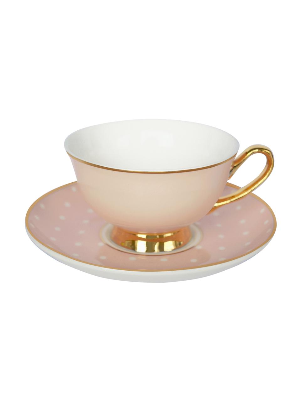 Tazza da tè con piattino Spotty 2 pz, Porcellana cinese placcata oro, Rosa, bianco Bordo e manico: dorato, Ø 15 x Alt. 6 cm