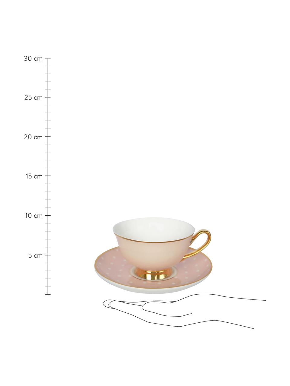 Filiżanka do herbaty ze spodkiem Spotty, Bone China (porcelana kostna), pozłacany, Blady różowy, biały Krawędź i uchwyt: złoty, Ø 15 x W 6 cm