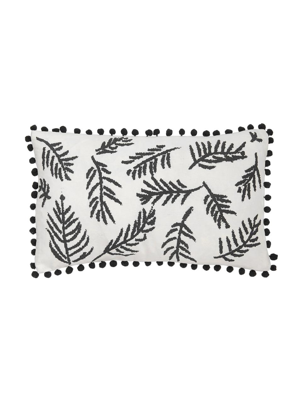 Kussenhoes Jungle met bladmotief en pompoms, Katoen, Wit, zwart, 30 x 50 cm
