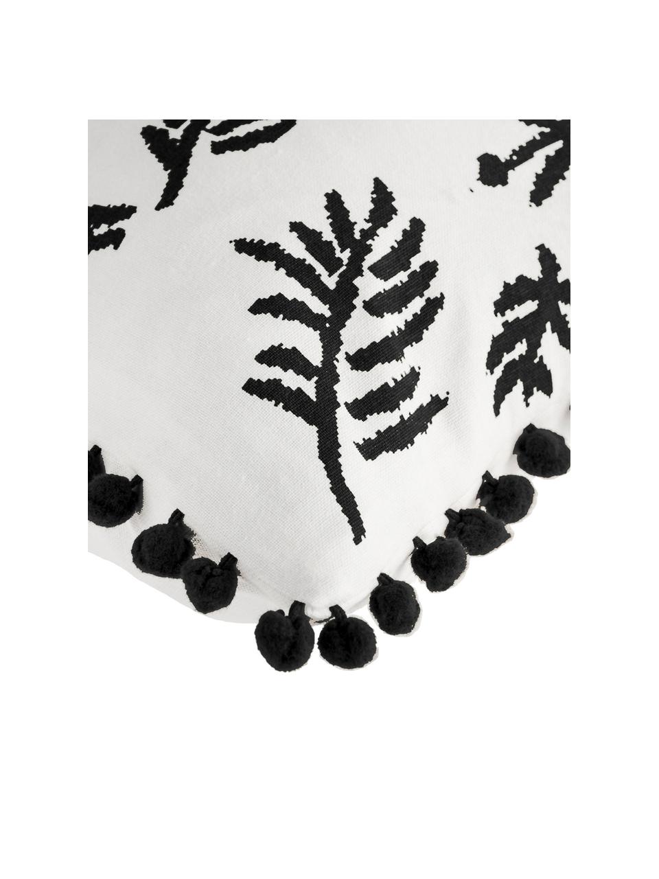 Funda de cojín bordada con pompones Jungle, Algodón, Blanco, negro, An 30 x L 50 cm