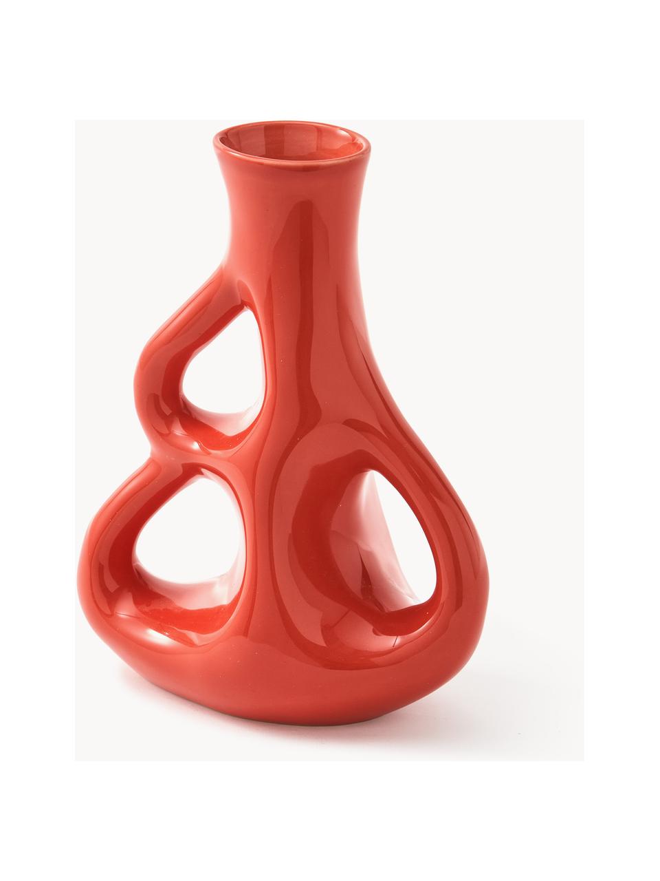 Handgefertigte Keramik-Vase Three Ears, H 21 cm, Keramik, Korallrot, B 17 x H 21 cm