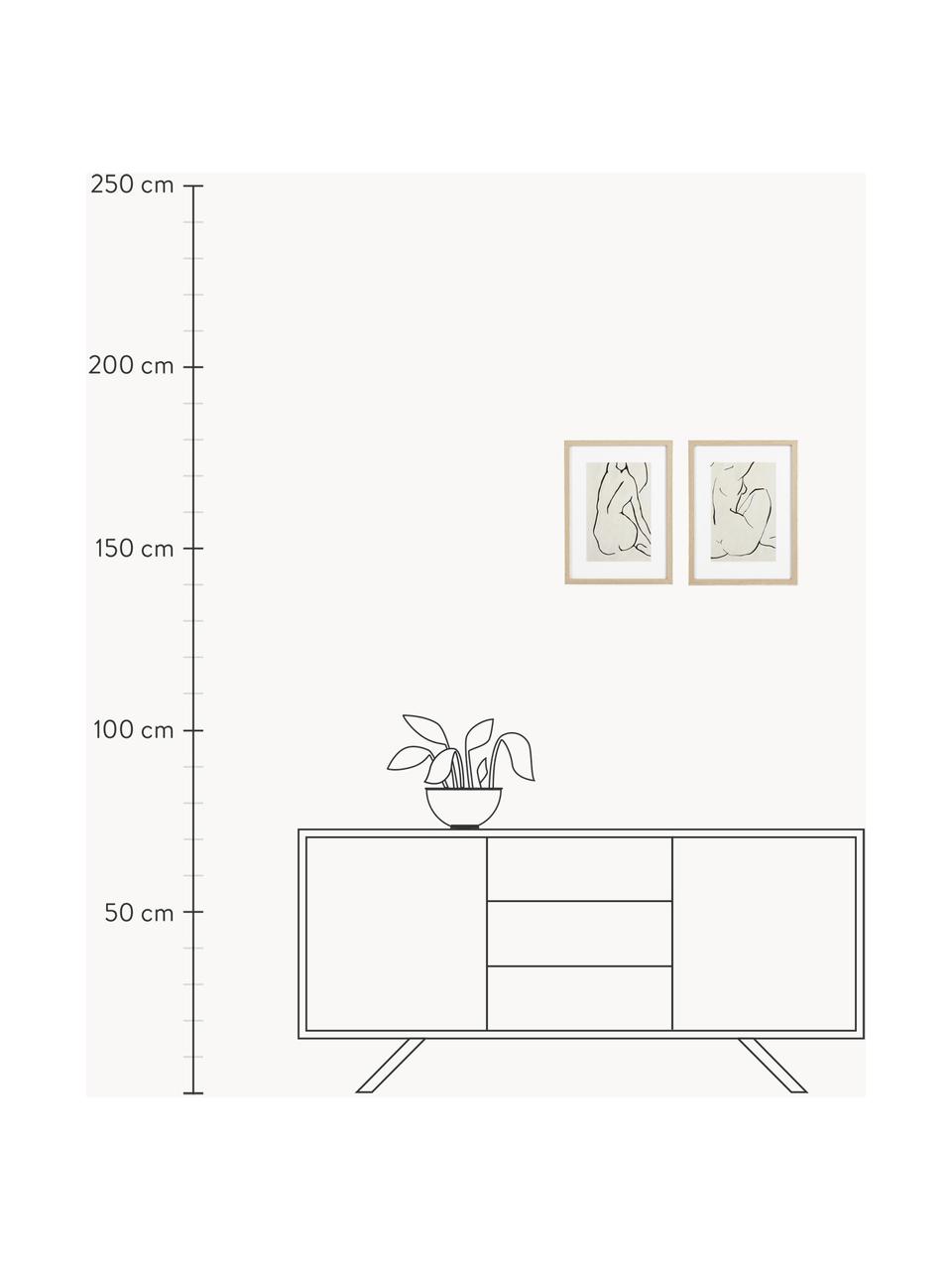 Komplet plakatów w drewnianej ramie Refined, 2 elem., Jasny beżowy, czarny, jasne drewno naturalne, S 30 x W 40 cm