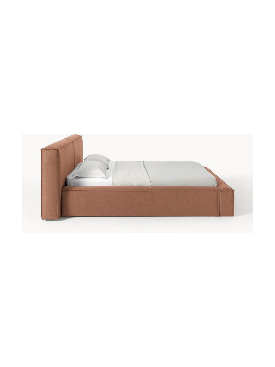 Gestoffeerd bed Lennon met opbergfunctie, Bekleding: 100 % polyester Met 115.0, Frame: massief grenenhout, FSC-g, Poten: hout, FSC-gecertificeerd,, Geweven stof nougatkleurig, B 268 x D 243 cm (ligvlak 200 x 200 cm)