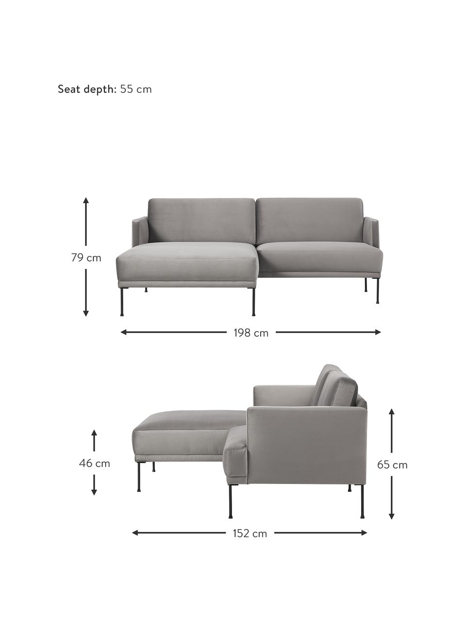 Petit canapé d'angle velours et pieds en métal Fluente, Velours gris clair, larg. 198 x prof. 152 cm, méridienne à gauche