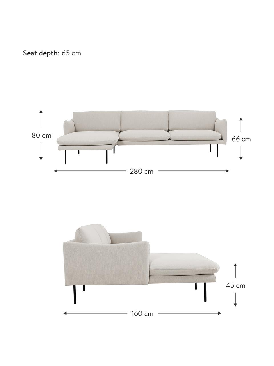 Sofa narożna z metalowymi nogami Moby, Tapicerka: poliester Dzięki tkaninie, Tapicerka: pianka na zawieszeniu spr, Stelaż: lite drewno sosnowe z cer, Nogi: metal malowany proszkowo, Beżowa tkanina, S 280 x G 160 cm, lewostronna