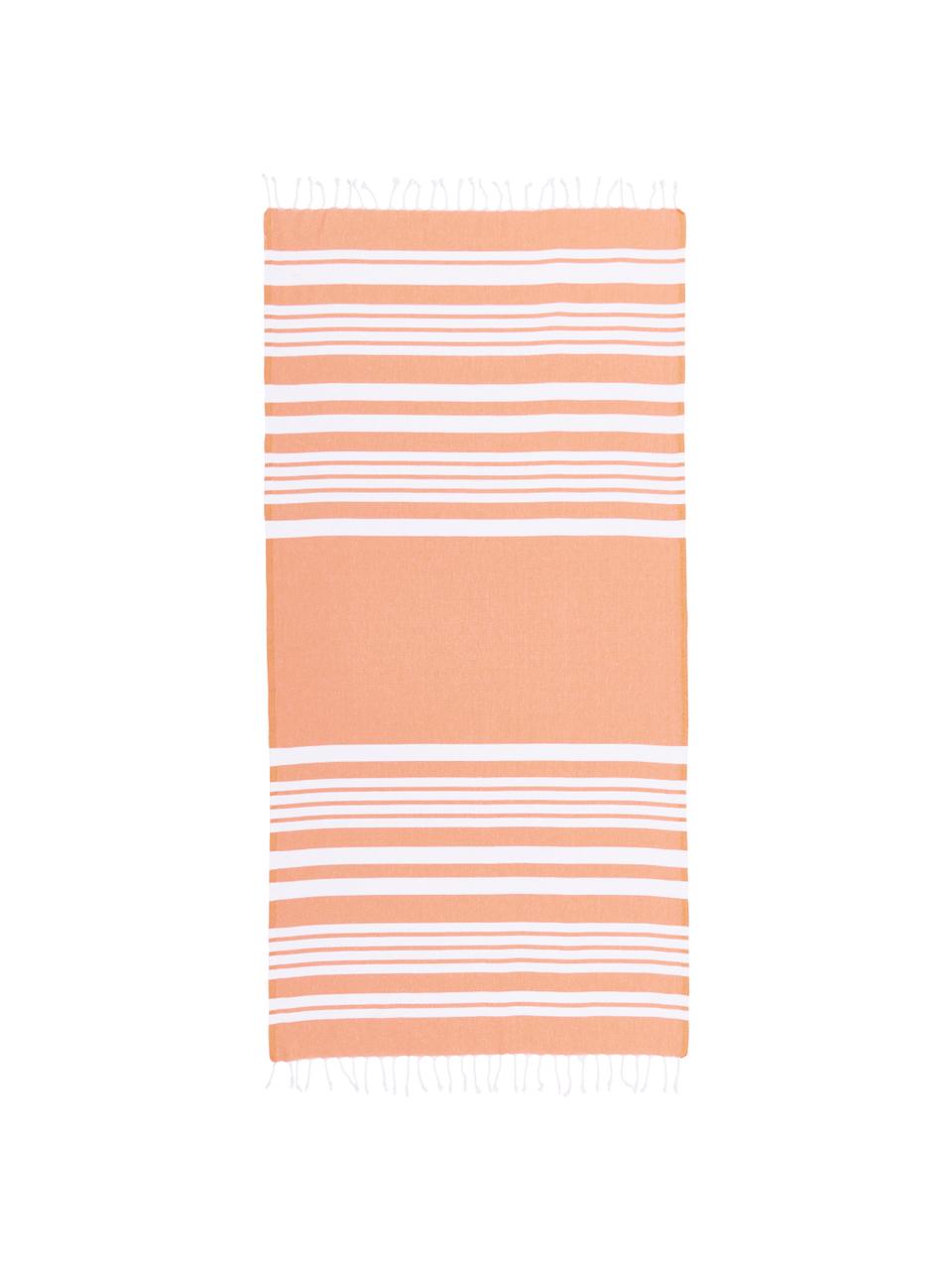 Gestreepte hamamdoek Stripy met franjes, Katoen
Zeer licht materiaal, 185 g/m², Oranje, wit, 95 x 175 cm