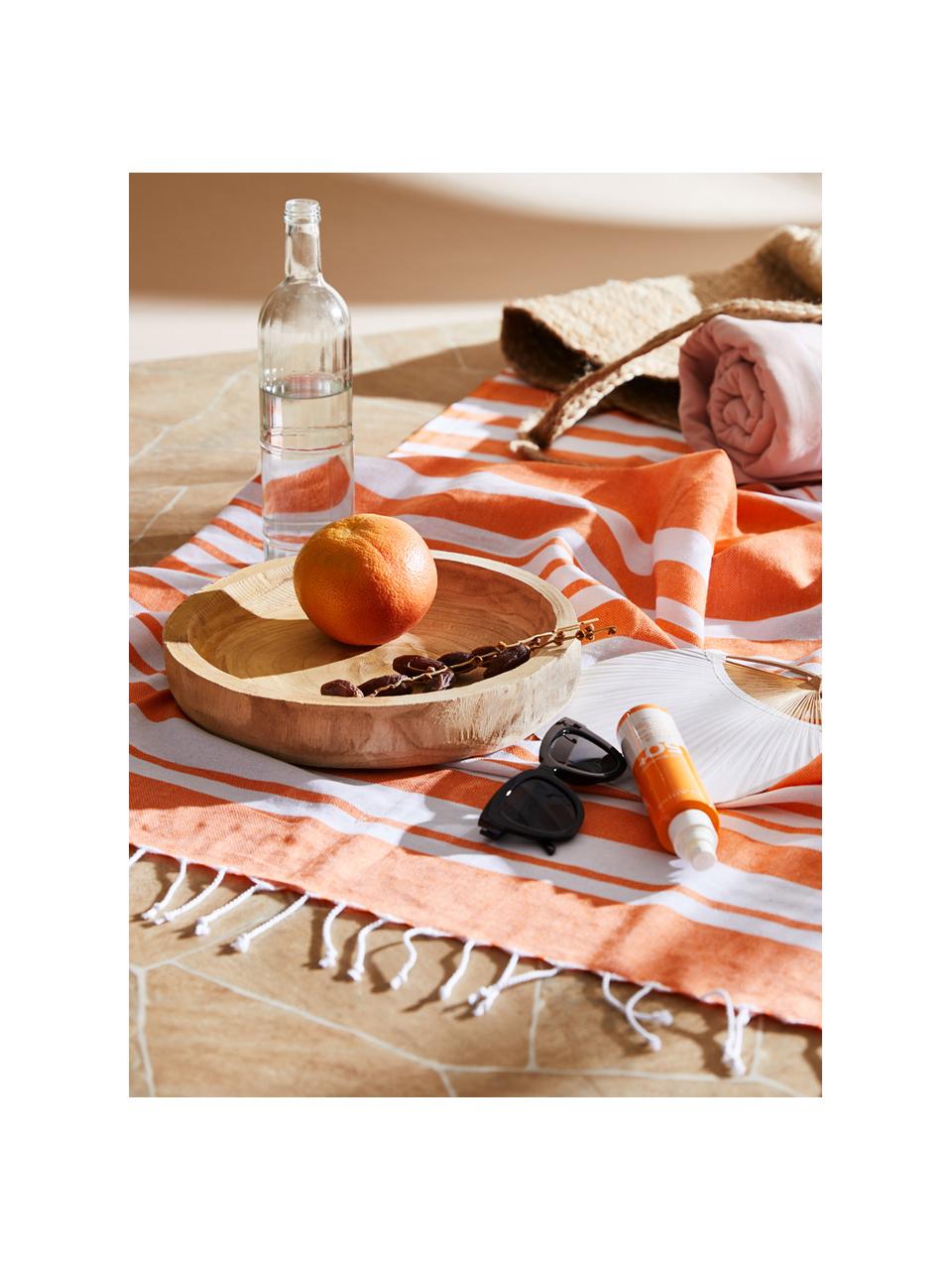 Gestreiftes Hamamtuch Stripy mit Fransenabschluss, 100% Baumwolle
Sehr leichte Qualität, 185 g/m², Orange, Weiß, 95 x 175 cm