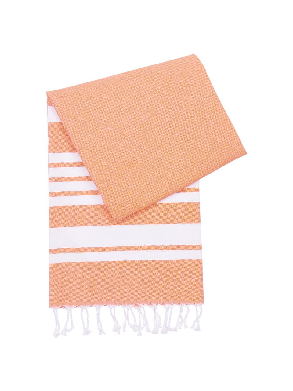 Fouta à rayures avec finition frangée Stripy, Orange, blanc