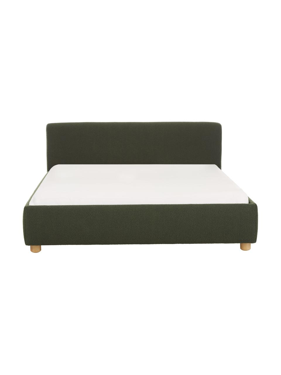 Cama tapizada en tejido bouclé Serena, Estructura: madera maciza de abedul c, Tapizado: tejido de estructura bouc, Bouclé verde, 140 x 200 cm