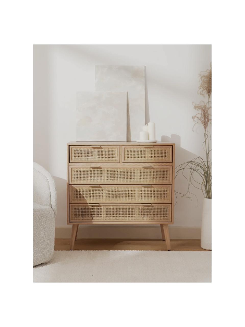 Cassettiera in legno Cayetana, Maniglie: metallo, Piedini: legno di bambù verniciato, Legno chiaro, marrone, Larg. 80 x Alt. 81 cm