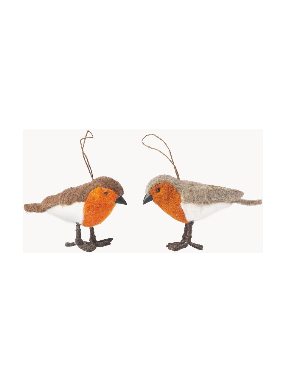 Kerstboomhangersset Birds van wol, set van 2, 100% wol, Bruin, oranje, beige, B 15 cm x H 10 cm