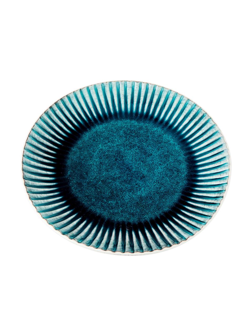 Assiettes plates faites main Mustique, 4 pièces, Grès cérame, émaillé, Turquoise, bleu foncé, blanc, Ø 29 cm