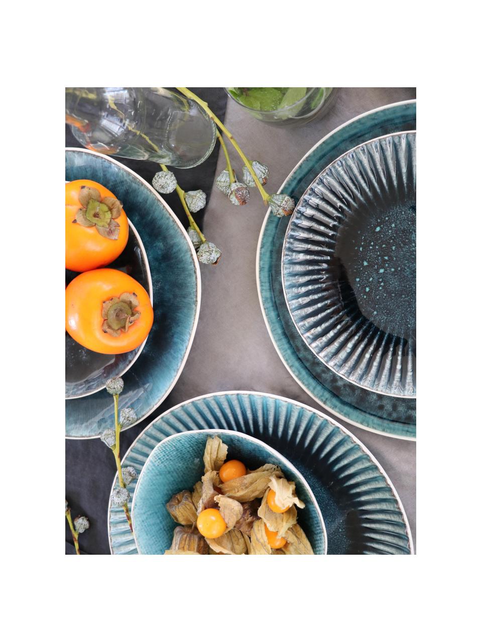 Ručne vyrobené plytké taniere Mustique, 4 ks, Glazúrovaná kamenina, Tyrkysová, tmavomodrá, biela, Ø 29 cm