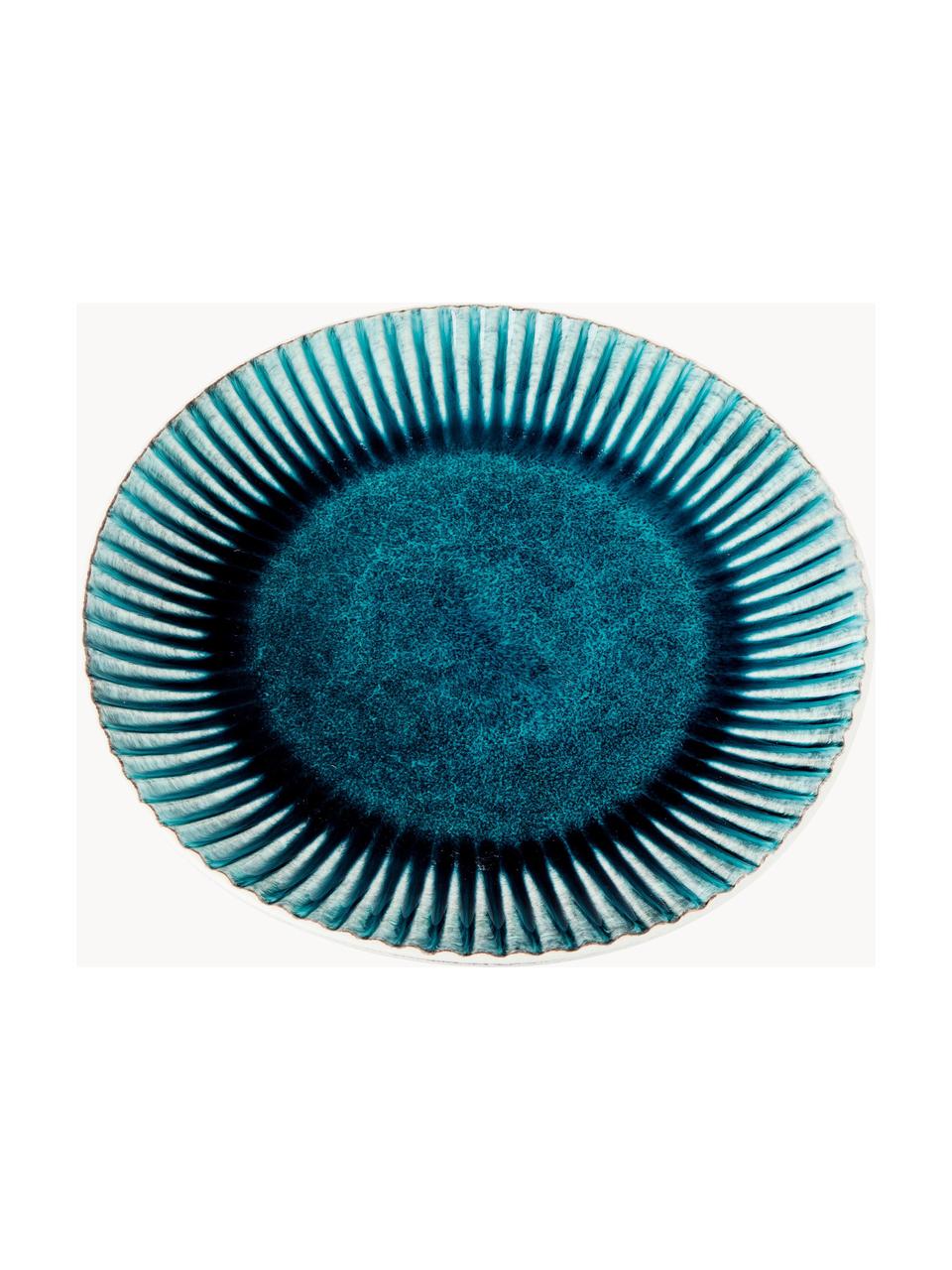 Platos llanos artesanales Mustique, 4 uds., Cerámica de gres esmaltada, Turquesa, azul oscuro, blanco, Ø 29 cm