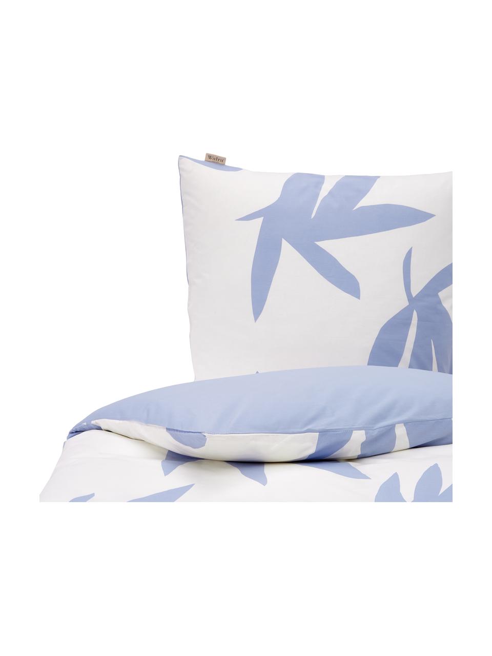 Baumwoll-Bettwäsche Simple Leaves mit Blättermotiv in Blau, Webart: Renforcé Fadendichte 144 , Weiss, Blau, 155 x 220 cm + 1 Kissen 80 x 80 cm