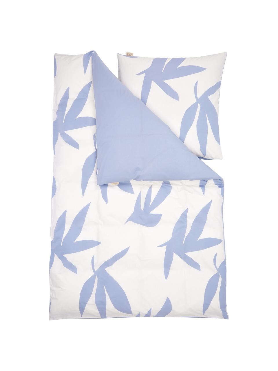 Pościel z bawełny Simple Leaves, Biały, niebieski, 155 x 220 cm + 1 poduszka 80 x 80 cm