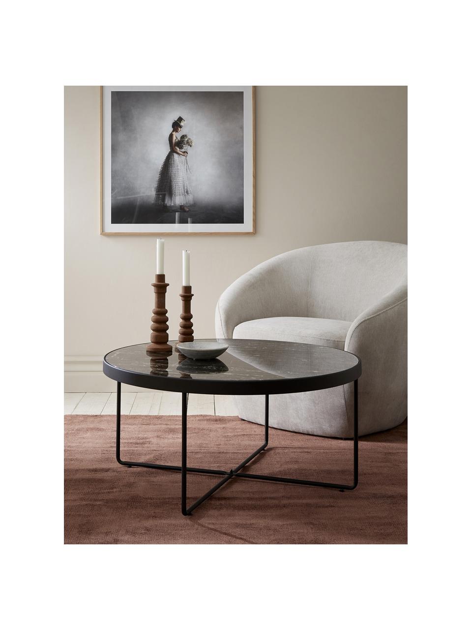 Kulatý kovový konferenční stolek s mramorovanou skleněnou deskou Gellina, Černá, mramorovaná, Ø 80 cm, V 39 cm