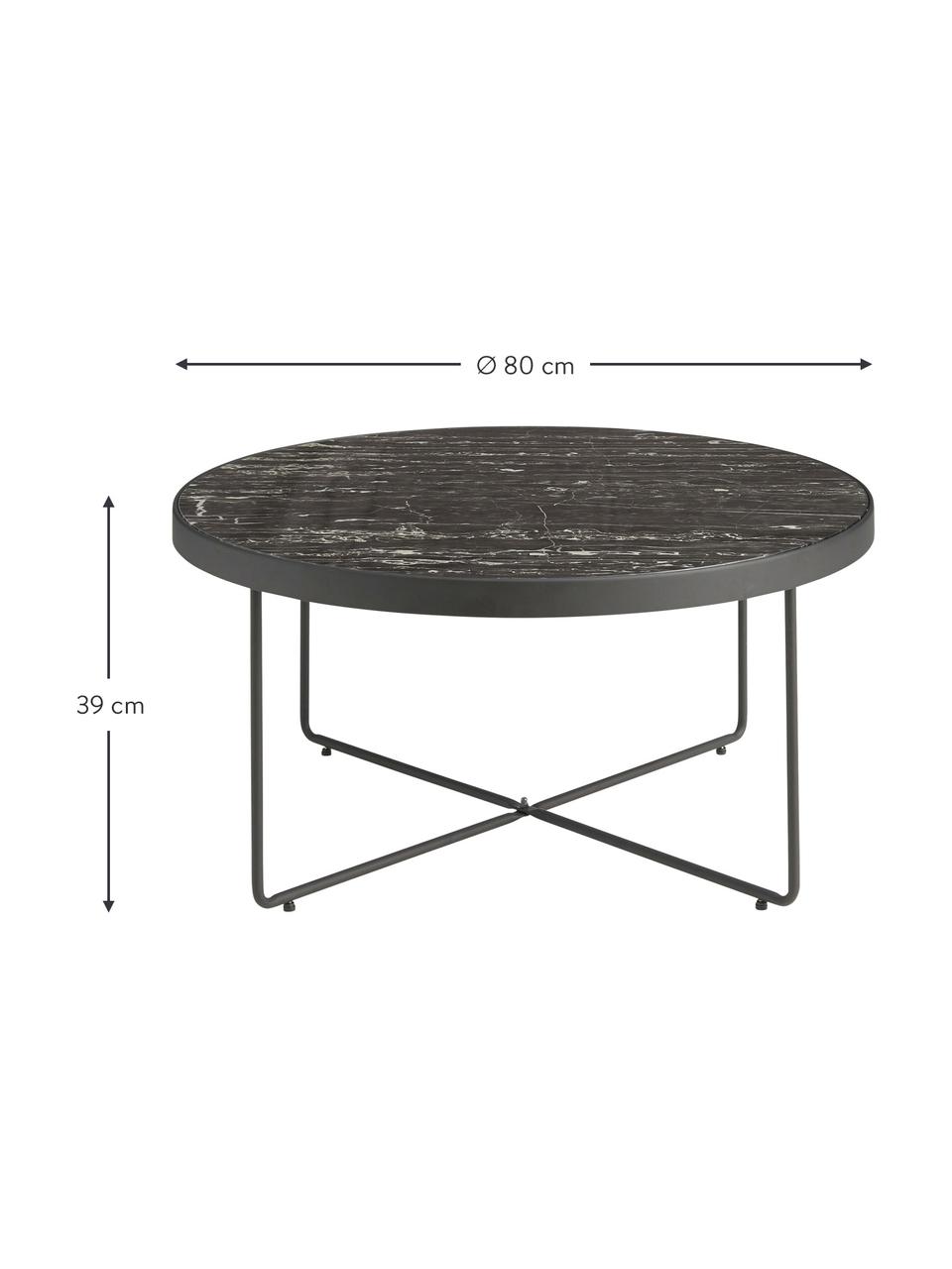 Mesa de centro redonda de metal Gellina, con tablero de vidrio, Tablero: vidrio estampado, Estructura: metal reubierto, Mármol negro, Ø 80 x Al 39 cm