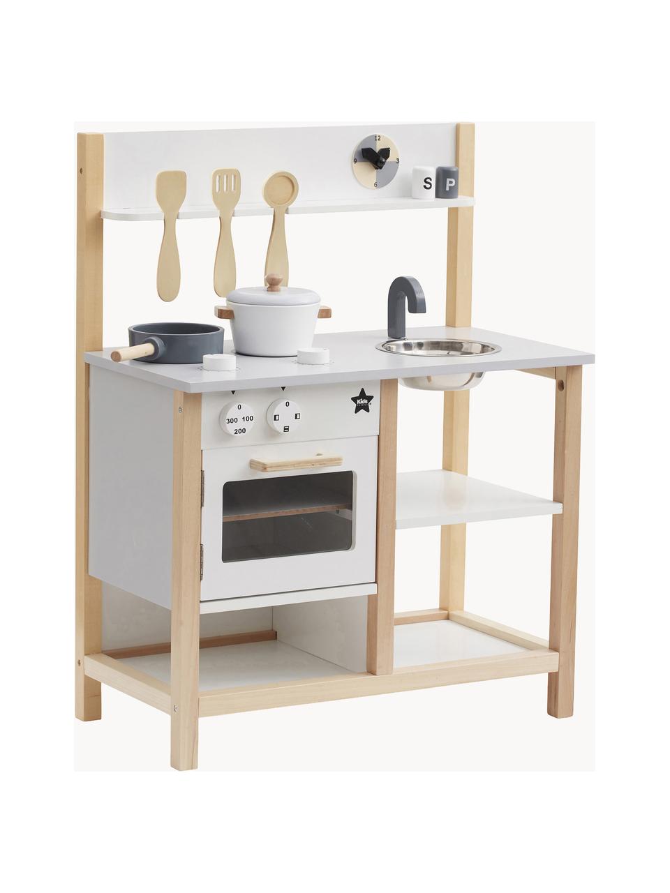 Cuisine de jeu Kids' Hub, MDF, bois de peuplier, contreplaqué, acier inoxydable, Bois, blanc, gris clair, larg. 57 x haut. 73 cm