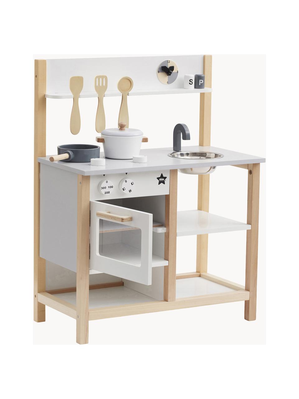 Cuisine de jeu Kids' Hub, MDF, bois de peuplier, contreplaqué, acier inoxydable, Bois, blanc, gris clair, larg. 57 x haut. 73 cm