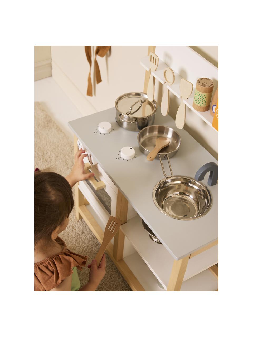 Cuisine de jeu Kids' Hub, MDF, bois de peuplier, contreplaqué, acier inoxydable, Bois, blanc, gris clair, larg. 57 x haut. 73 cm