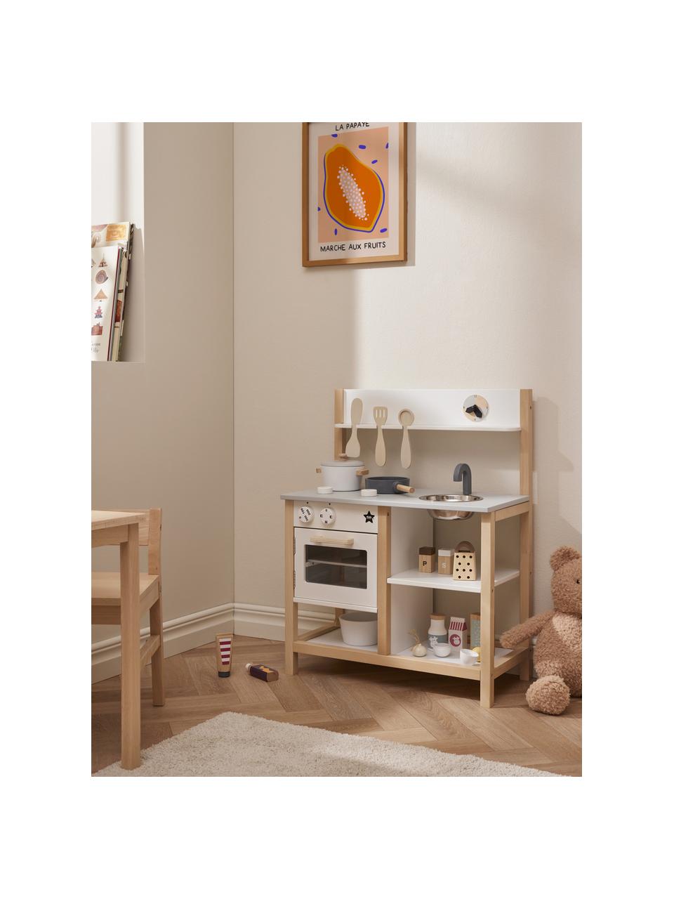 Cuisine de jeu Kids' Hub, MDF, bois de peuplier, contreplaqué, acier inoxydable, Bois, blanc, gris clair, larg. 57 x haut. 73 cm