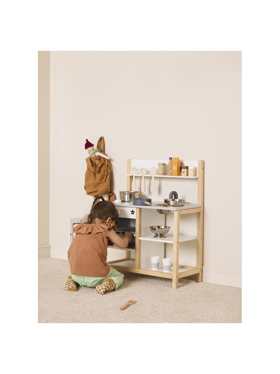 Cuisine de jeu Kids' Hub, MDF, bois de peuplier, contreplaqué, acier inoxydable, Bois, blanc, gris clair, larg. 57 x haut. 73 cm