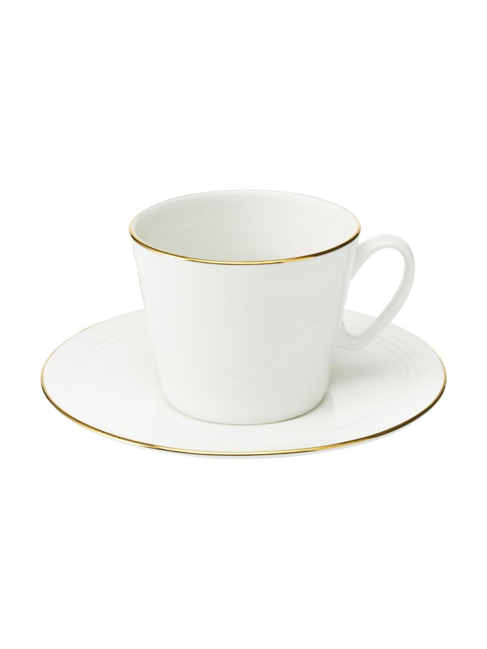 Kaffeetassen Cobald mit goldenem Rand und Rillenrelief, 4 Stück, Porzellan, Weiß, Goldfarben, Ø 9 x H 8 cm