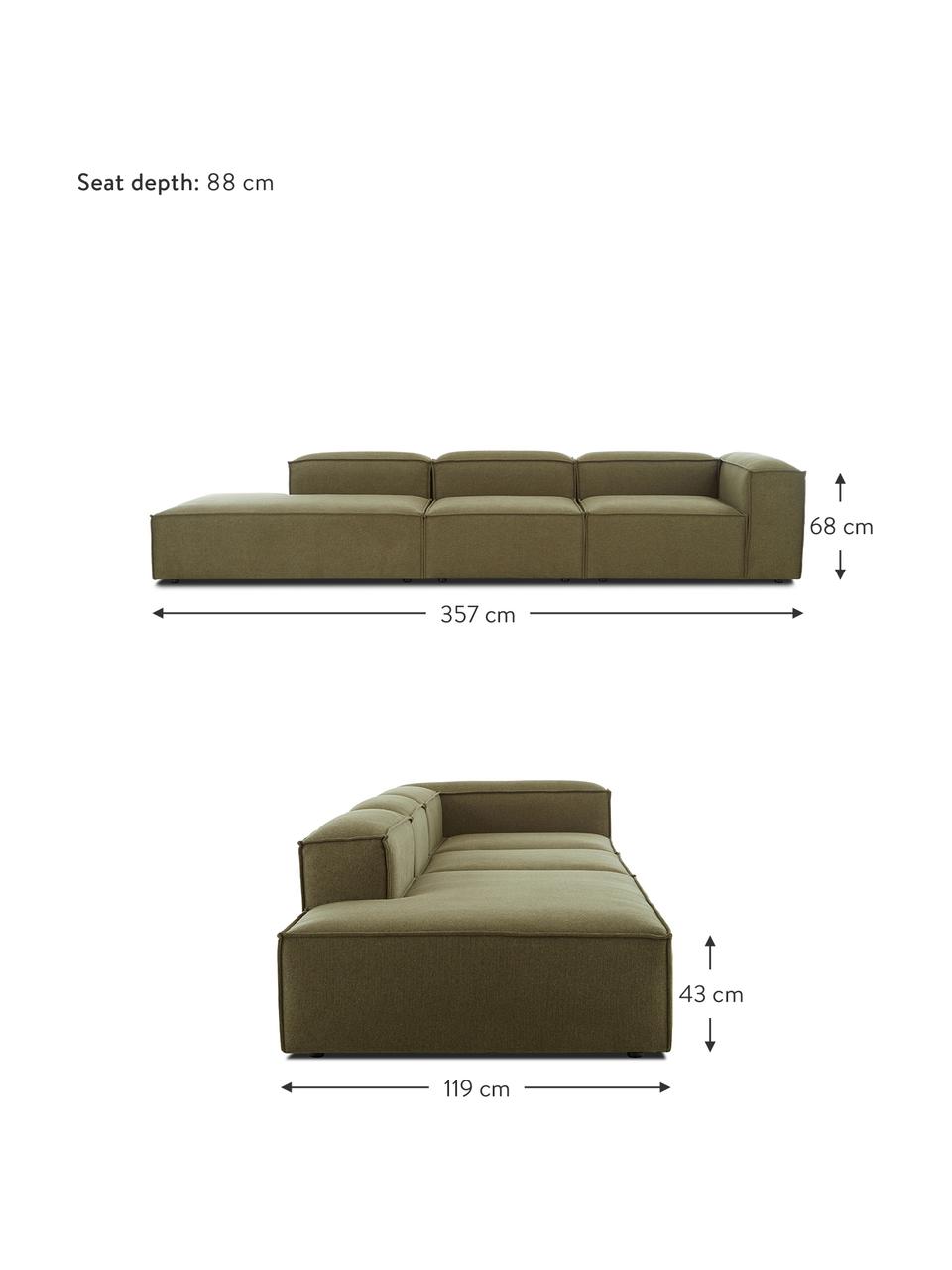 Diván modular grande Lennon, Tapizado: 100% poliéster Alta resis, Estructura: madera de pino maciza, ma, Patas: plástico, Tejido verde, An 357 x F 119 cm, respaldo derecho