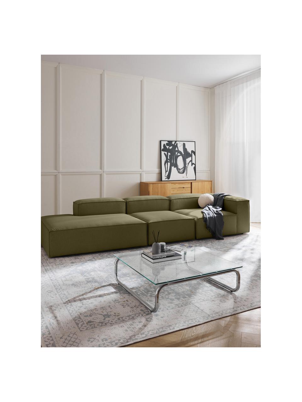 Chaise longue XL componibile Lennon, Rivestimento: 100% poliestere Con 115.0, Struttura: legno di pino massiccio, , Piedini: plastica Questo prodotto , Tessuto verde oliva, Larg. 357 x Prof. 119 cm, schienale a destra