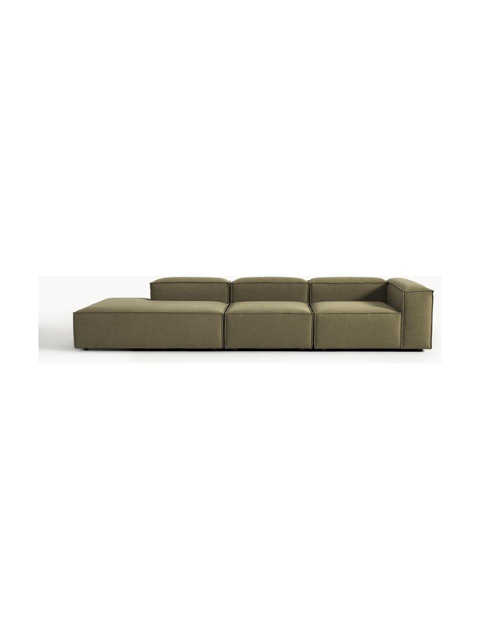 Modulaire XL chaise longue Lennon, Bekleding: 100% polyester De slijtva, Frame: massief grenenhout, multi, Poten: kunststof Dit product is , Geweven stof olijfgroen, B 357 x D 119 cm, armleuning rechts