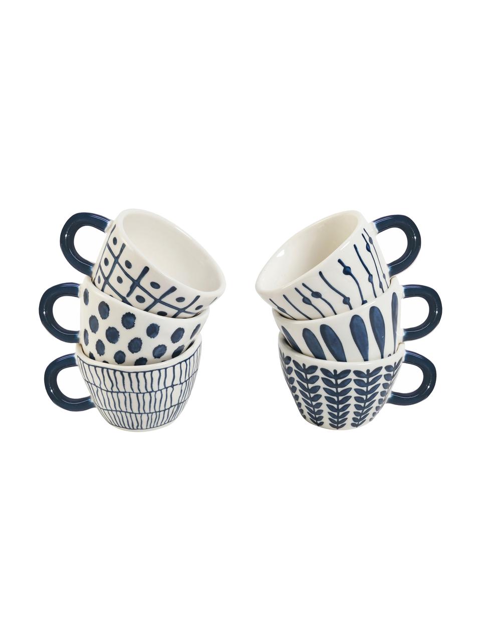 Espresso kopjes Masai van keramiek in blauw/wit, 6-delig, Keramiek, Wit, grijs, Ø 7 x H 5 cm, 90 ml