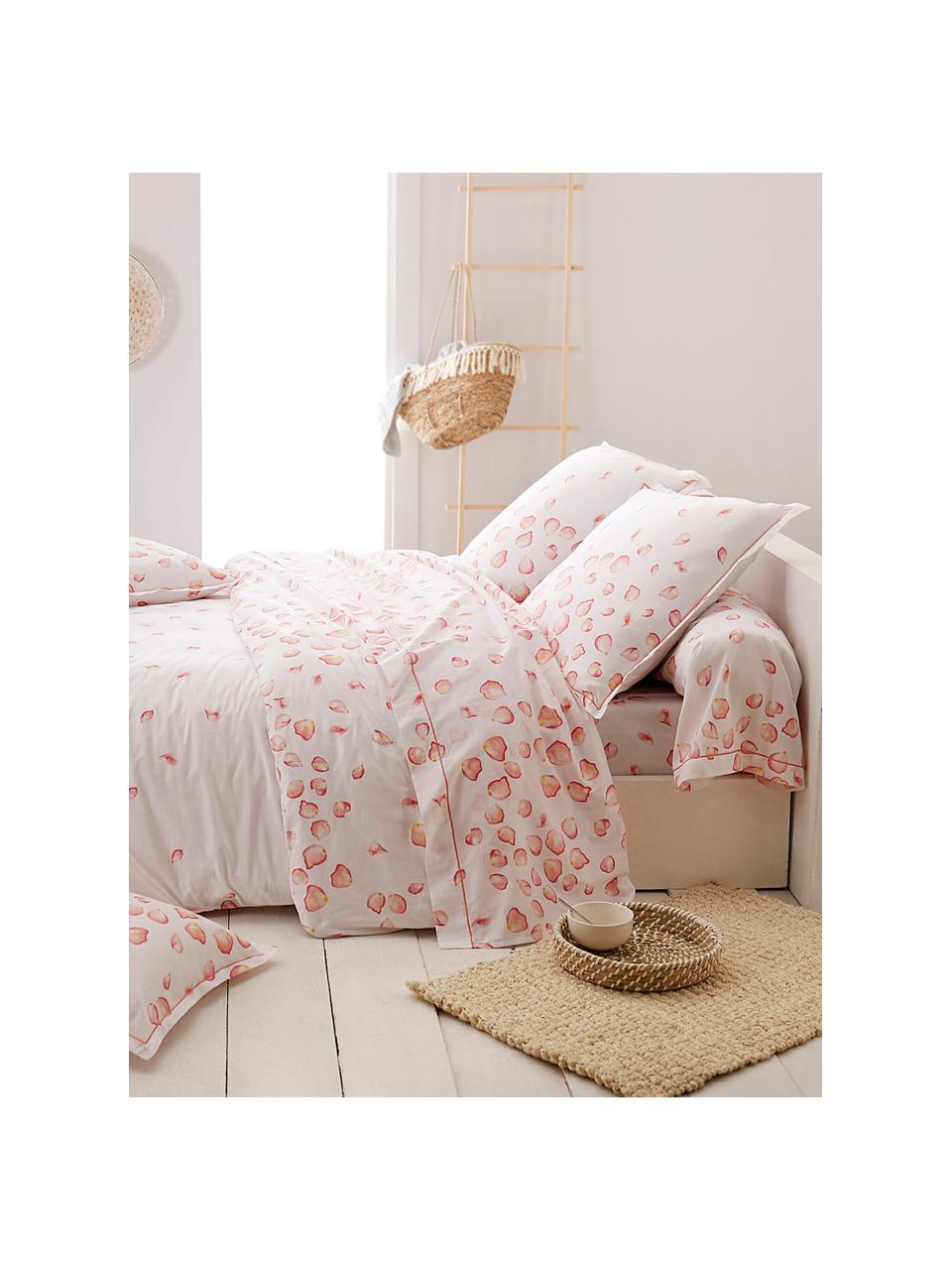 Housse de couette en satin de coton Petales, Blanc, tons roses, jaune